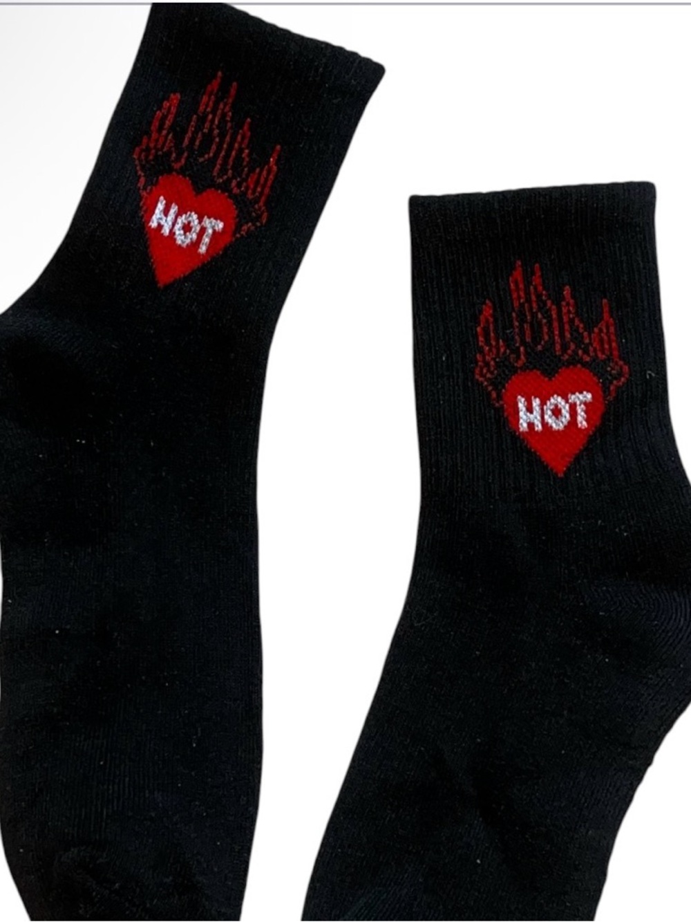 Black 'HOT' Heart Flame Crew Socks - Women's Hosiery